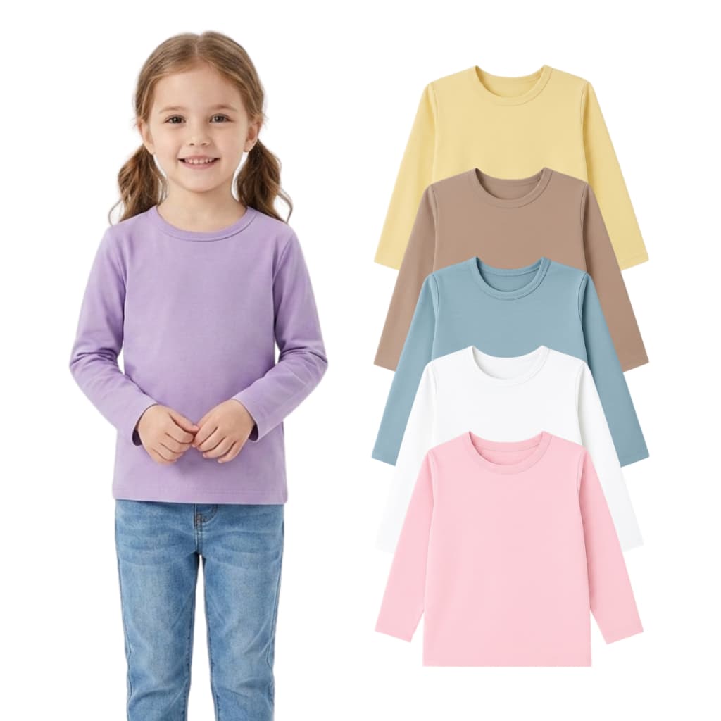 Blusa Manga Longa Candy Color Pastél Algodão Cotton Infantil Básica Menina Tamanho 1 ao 16