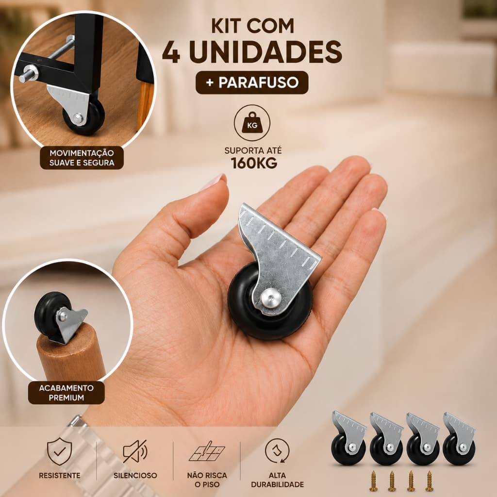 Rodinha 38mm Silicone Em Gel Preto Kit 4 Rodízio Fixo Para Sofá Cama Móveis Anti Risco + Parafusos