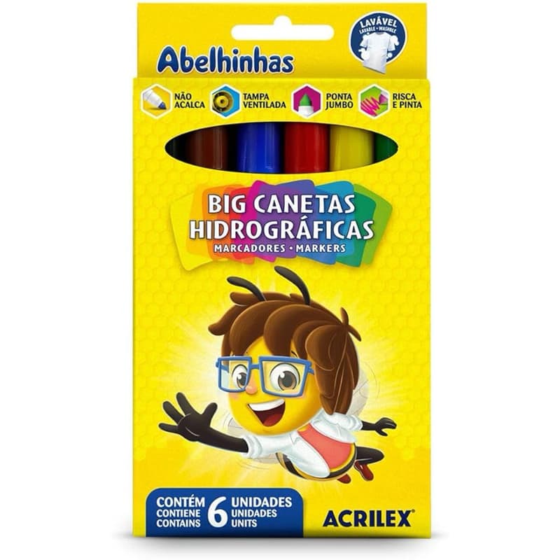 Canetinhas Hidrográficas Jumbo Abelhinhas Acrilex – Kit com 6 Cores