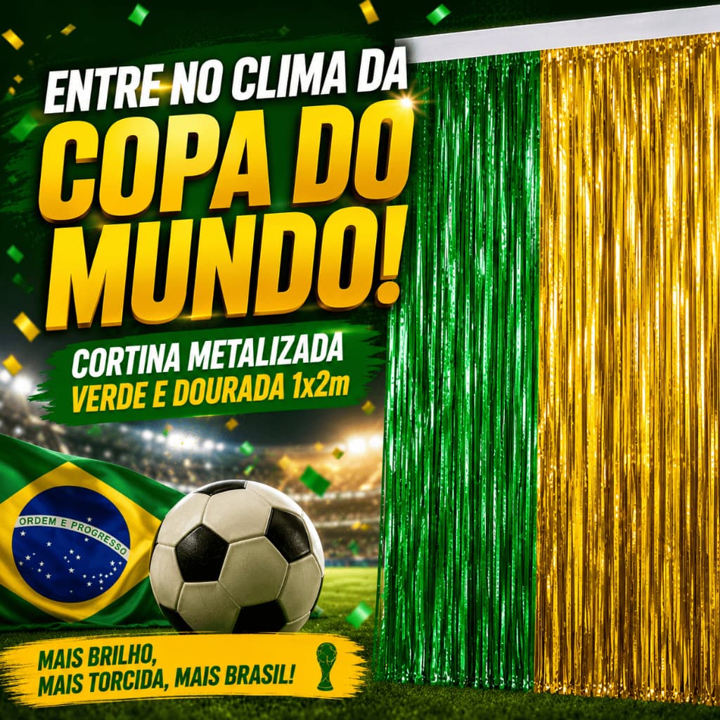 Cortina Metalizada Franja Verde Dourada 1x2m Decoração Copa Brasil Painel Foto Aniversário