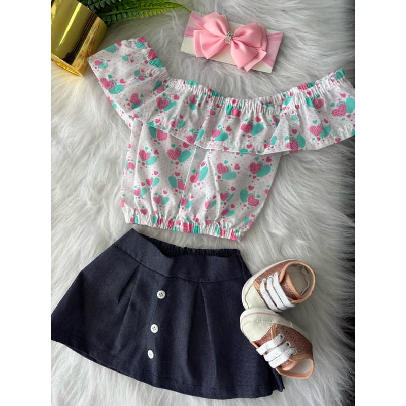 Conjunto 3 a 6 Meses Bebê Menina Cropped Ciganinha Saia Jeans e Sapatinho Infantil Entrega Rapida