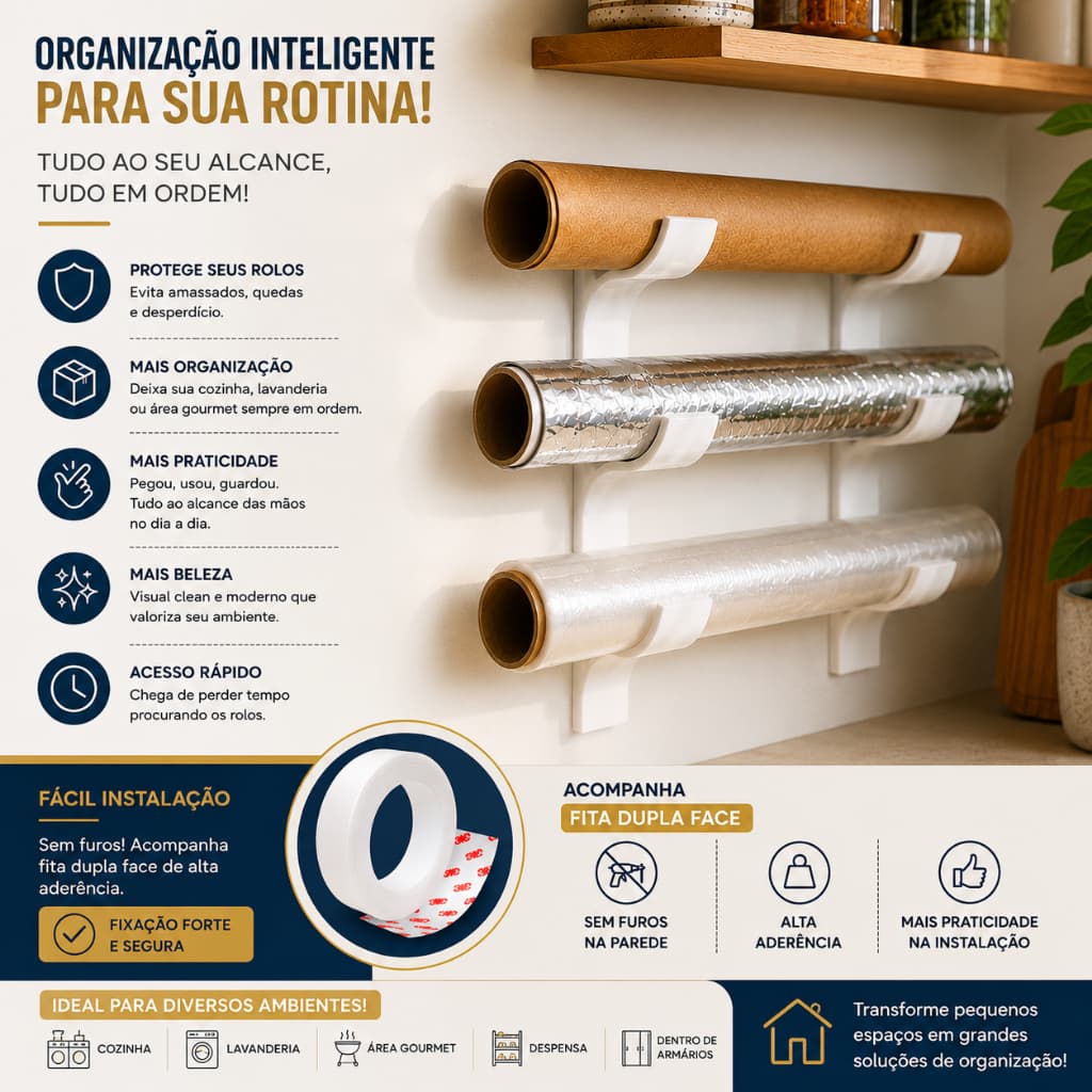 Porta Rolos Cozinha Adesivo de Parede Organizador Papel Alumínio Filme PVC Papel Manteiga Multiuso