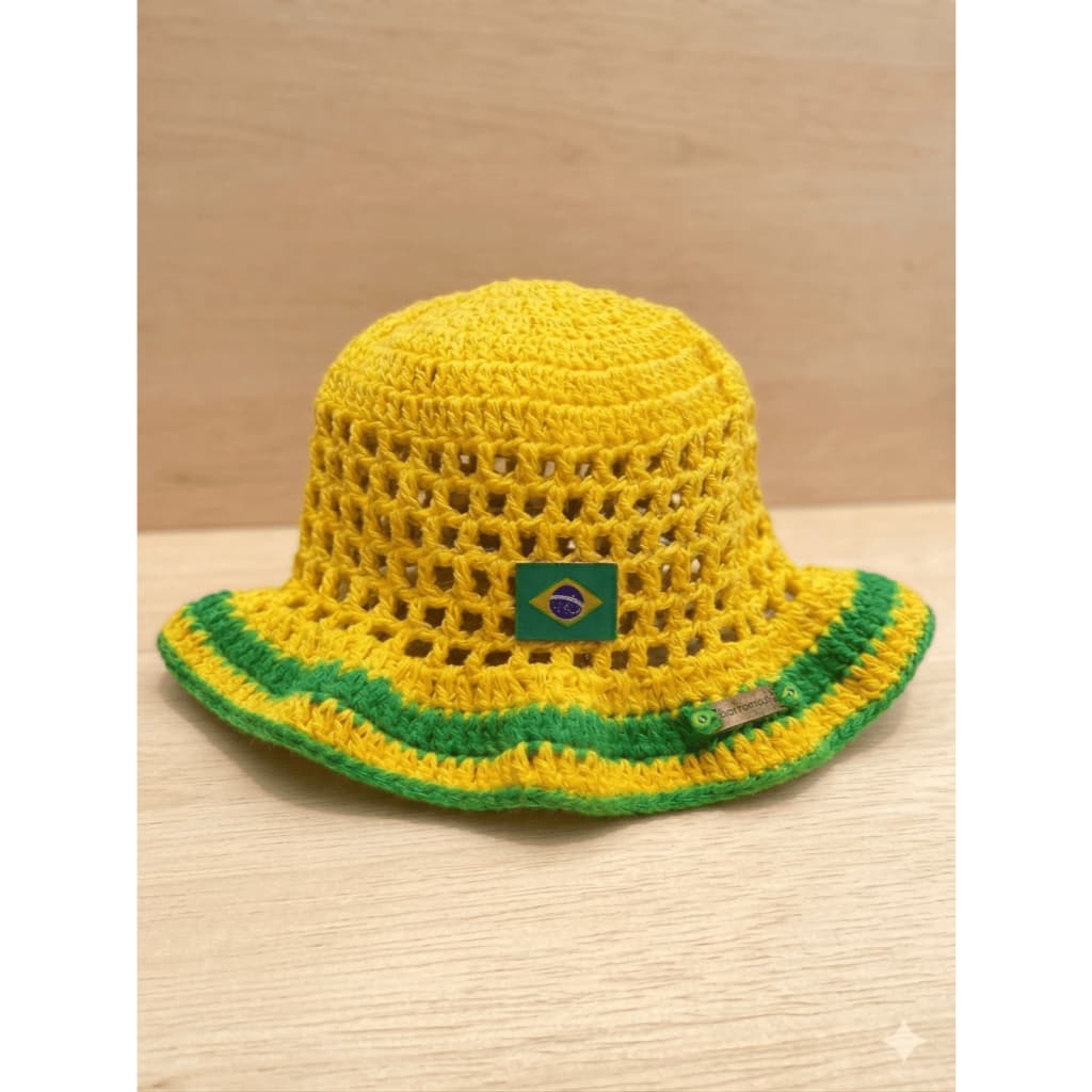 Chapéu Bucket Brasil em Crochê 3D Unissex | Moda Copa
