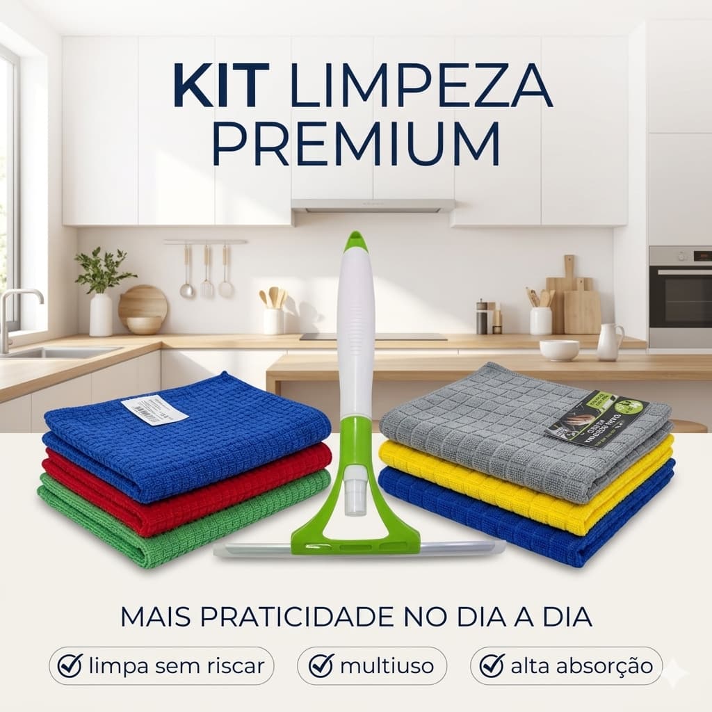 Kit Limpeza Multiuso Microfibra + Mini Rodo Borrifador | Vidro Pia Cozinha