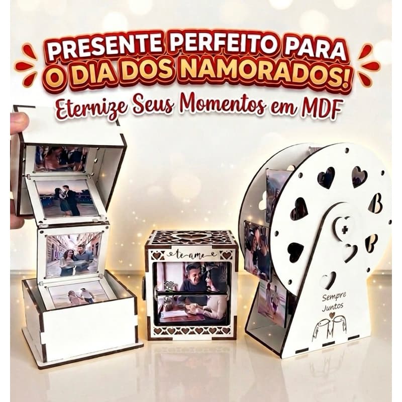 Presente Dia dos Namorados MDF Cubo Giratório Roda Gigante Caixa Fotos Lembrança Personalizada