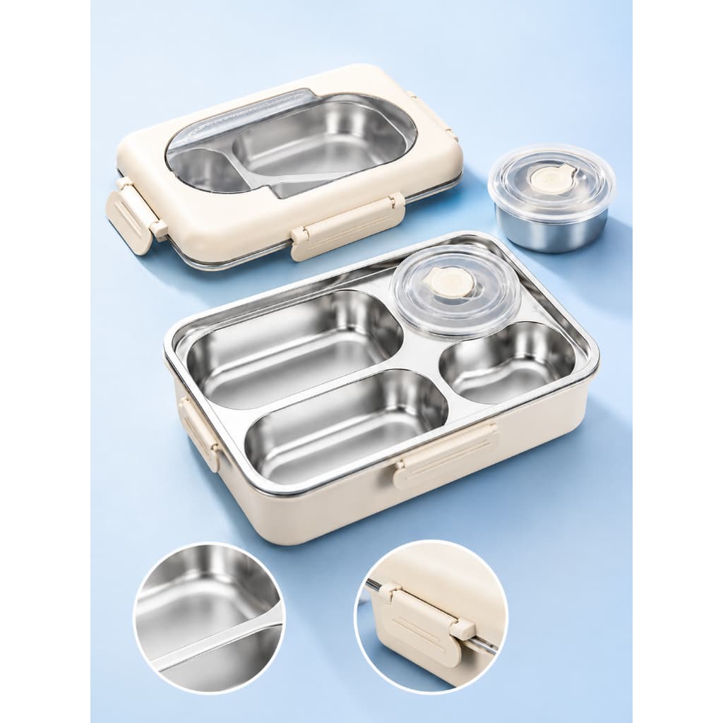 Marmita Térmica Inox Com 4 Divisórias com tampa + Pote Para Molho Fitness Escolar Trabalho Lancheira