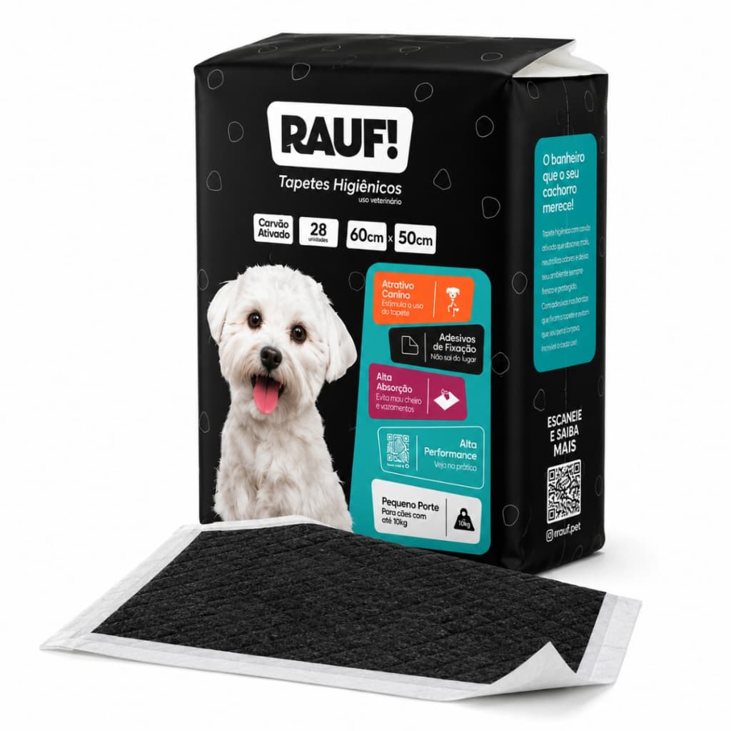 Tapete Higiênico Rauf Pet Premium 60x50cm c/ Carvão Ativado 28un Sem Odor Ótima Absorção
