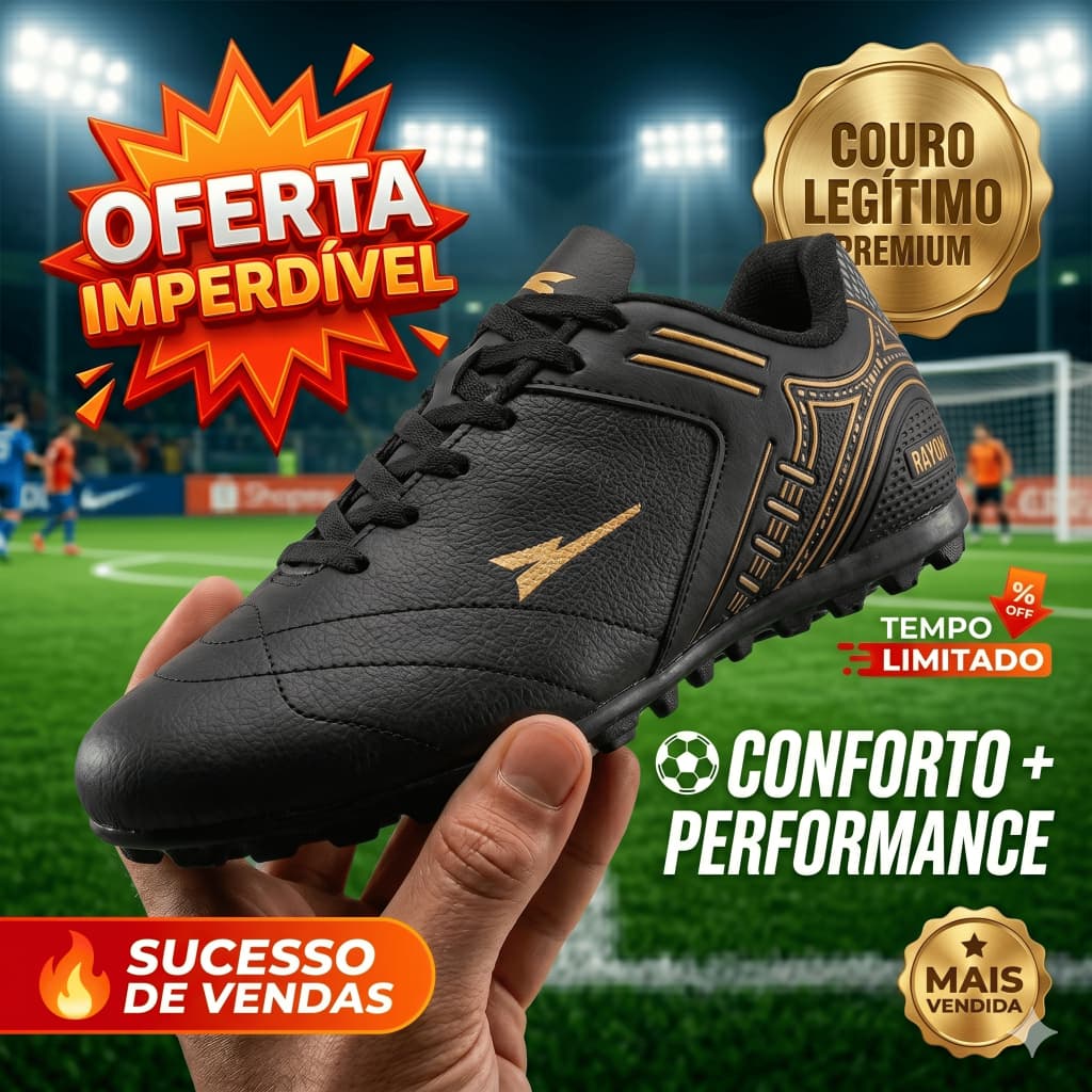 Chuteira em Couro Legitimo Futebol Campo Society - Resistente Costurada - Original R121-07