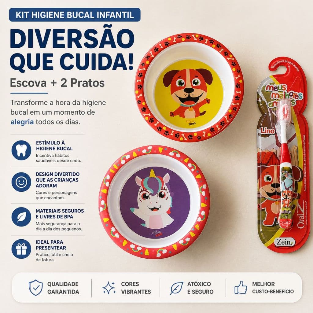 Kit Refeição e Higiene para Criança: Tigela e Prato Infantil Cachorro Unicórnio + Escova de Dente Infantil, BPA Free