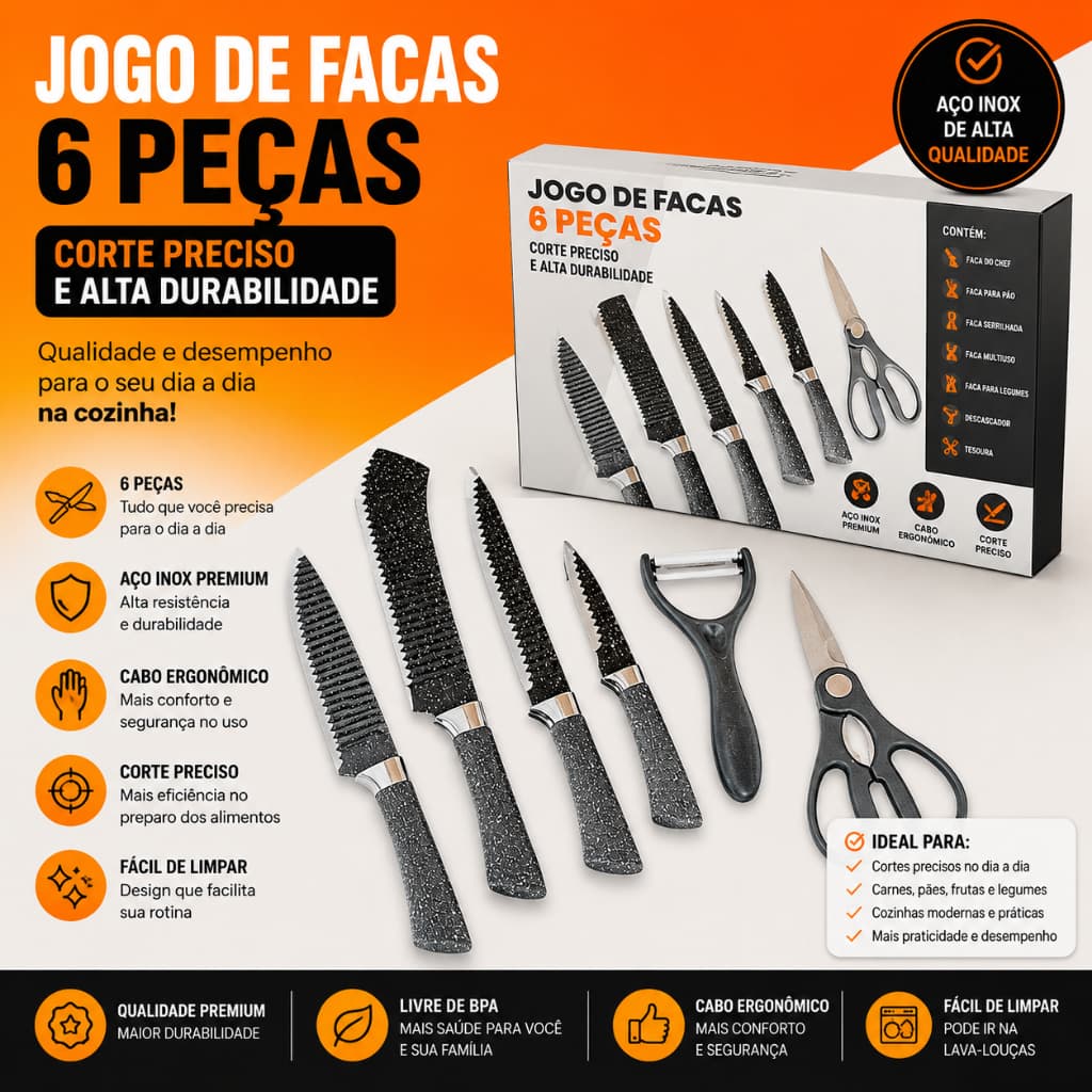 Jogo Facas Inox 6 Pecas Cabo Ergonomico Alta Durabilidade Corte Preciso