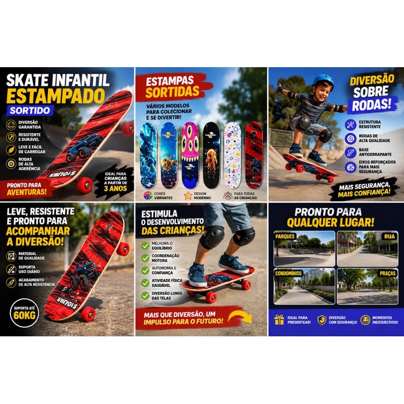 Skate Infantil Estampado Sortido 4 Rodas Radical Criança Resistente Mini Skate 60cm