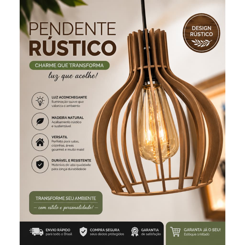 Pendente Luminária de Teto Estilo Moderno Cozinha Retrô Vintage de MadeiraDe alta Qualidade - 1ppc