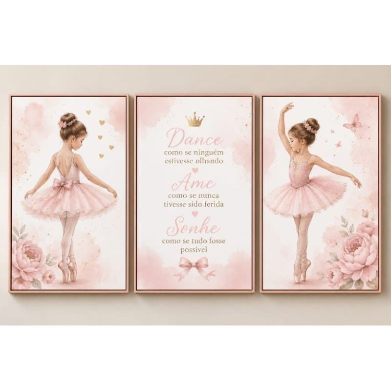 Kit quadro decorativo 3 peças infantil bailarina
