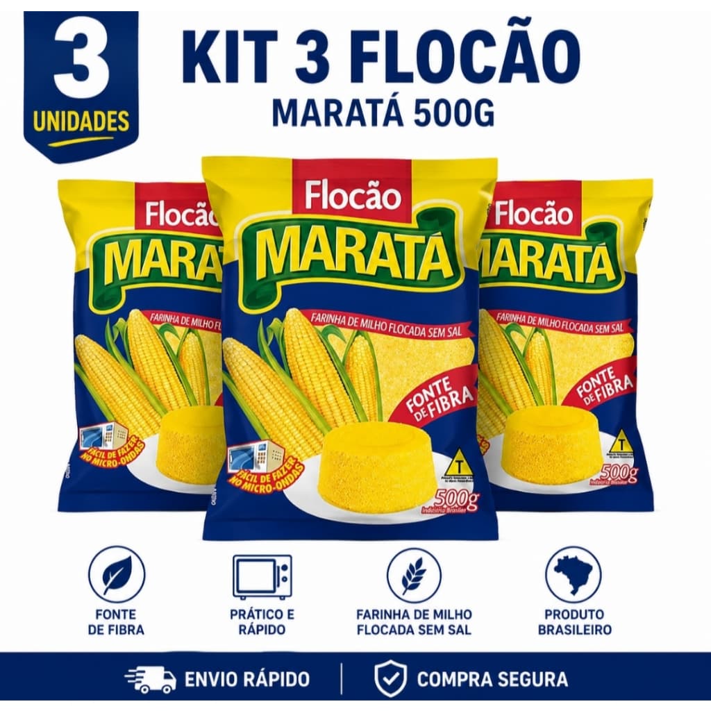 Flocão Maratá kit com 3 unidades de 500g Farinha De Milho Flocada cuscuz bolo de milho