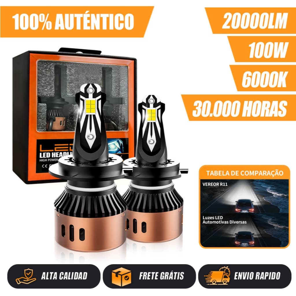 Farol LED Automotivo R11 100W  20000LM Super Branco Compatível H1 H3 H4 H7 H11 9005 9006 Longa durabilidade