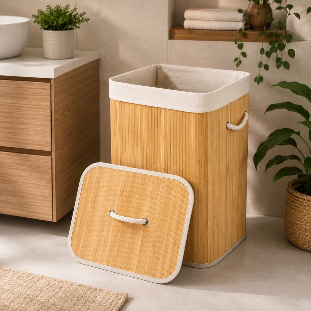 Cesto De Roupa Em Bambu Com Tampa E Alças Lavanderia 70l Organizador Cesto Roupa Suja