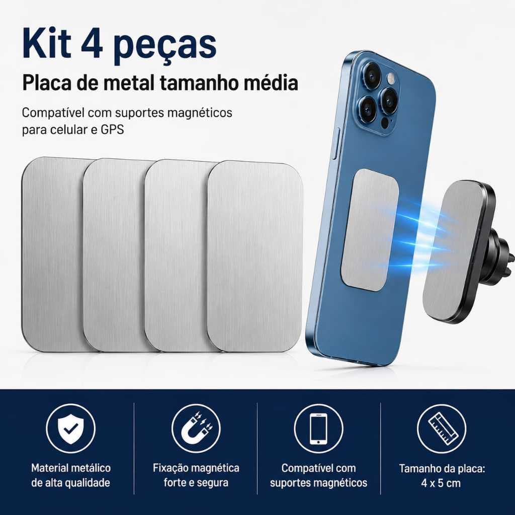 4 Placa Retângular De Metal Para Suporte Magnético Celular Prata