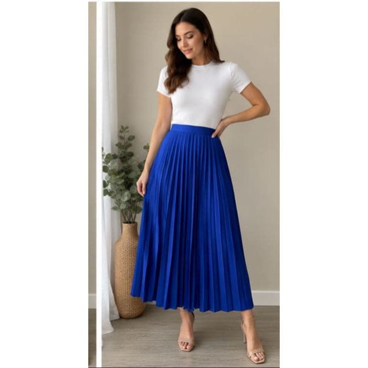 Saia Plissada Feminina Midi Cintura Alta Elegante Moda Casual