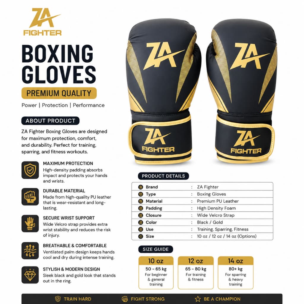 Luva De Boxe Treino Muay Thai Kickboxing Profissional -Za Fighter -12-14-16 Oz