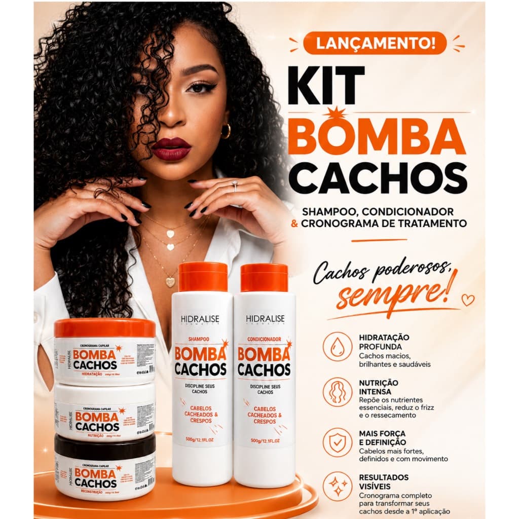 Bomba Cachos kit Cronograma de tratamento, shampoo + condicionador, anti frizz, domina,  define cachos, crespos