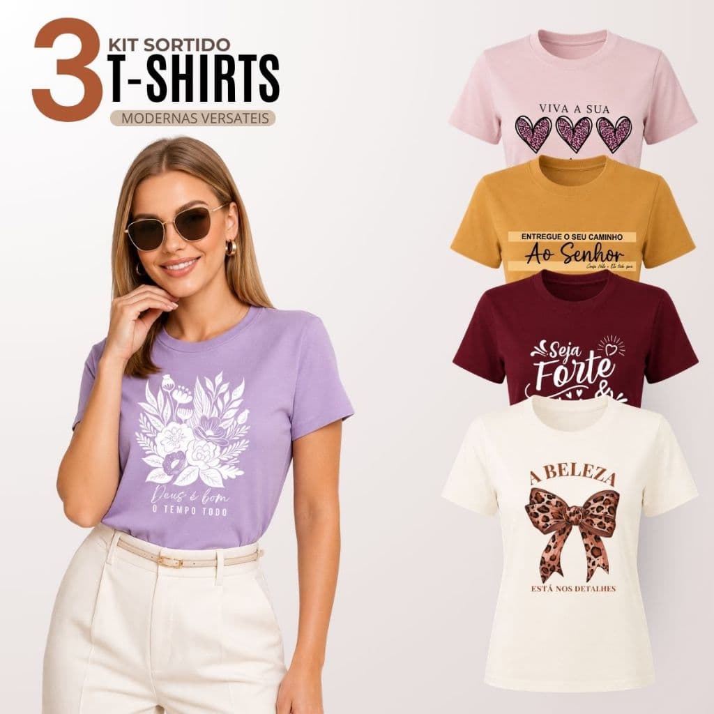 Kit 3 Blusas Feminina Algodão Malha Premium Manga Curta Gola Redonda Roupas Feminina