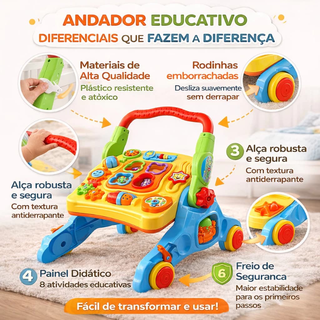 Andador Infantil Didático Musical Mesa Educativa Multifunção Desenvolvimento