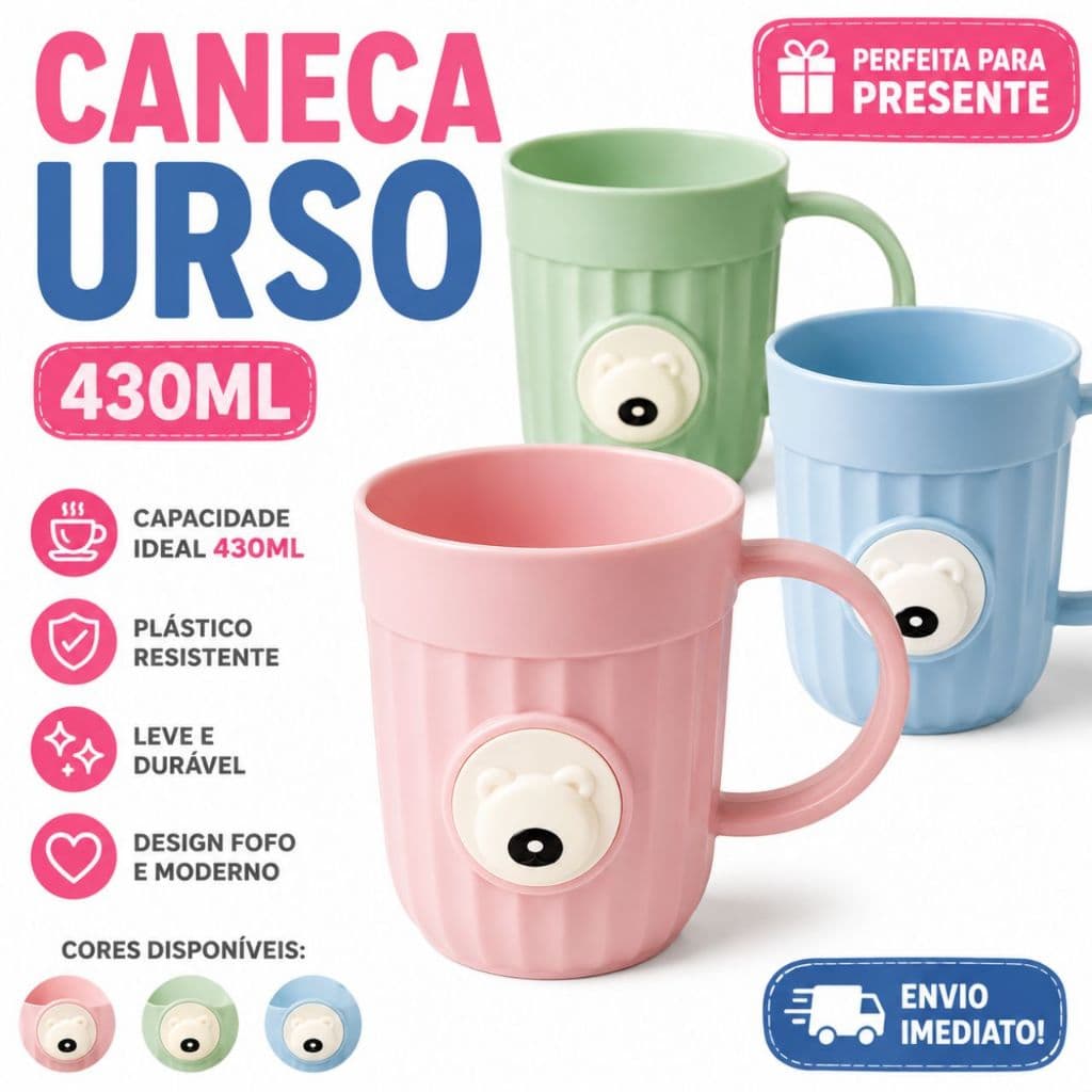 Kit 2 Canecas Ursinho Estética Fofa Plástico Resistente Café Chá Cores Pasteis