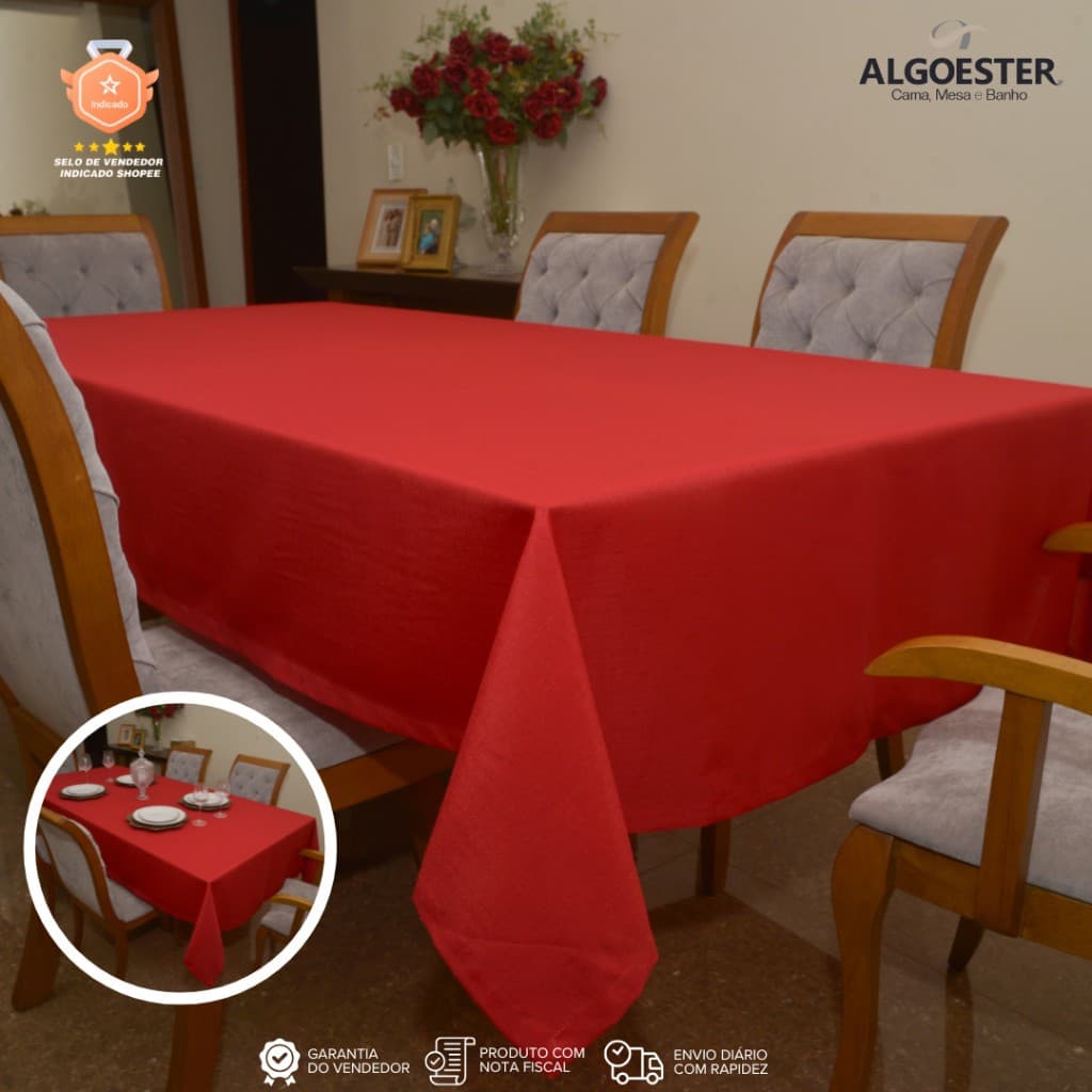 Toalha de Mesa Vermelha Buffet Mesa Posta Requinte Delicatta Maquinetado 4, 6, 8, 10, 12 Lugares