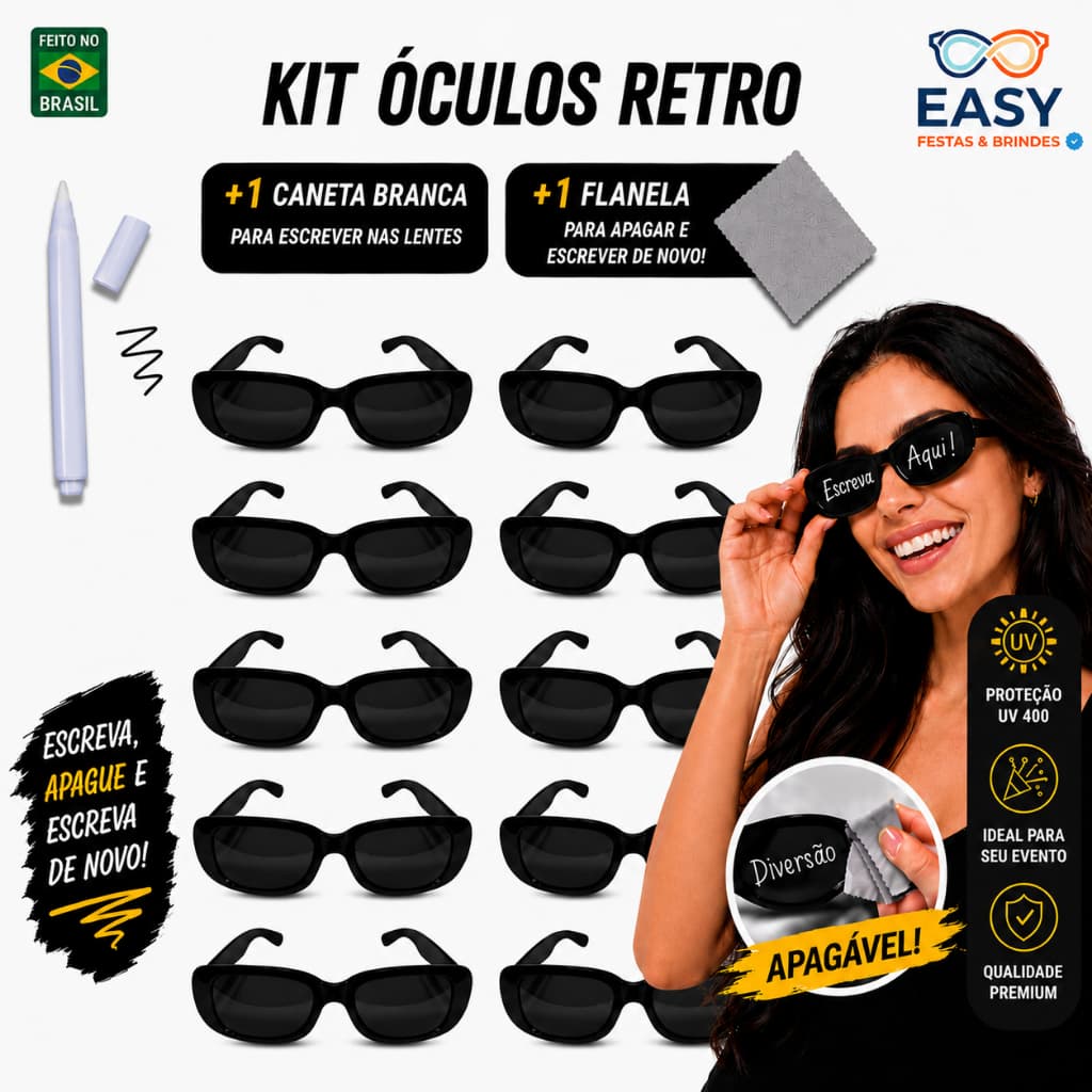 Kit 20/10/ 5 Oculos Vintage Retro Preto Liso + Caneta Giz + Flanela Festa Casamento Despedidas