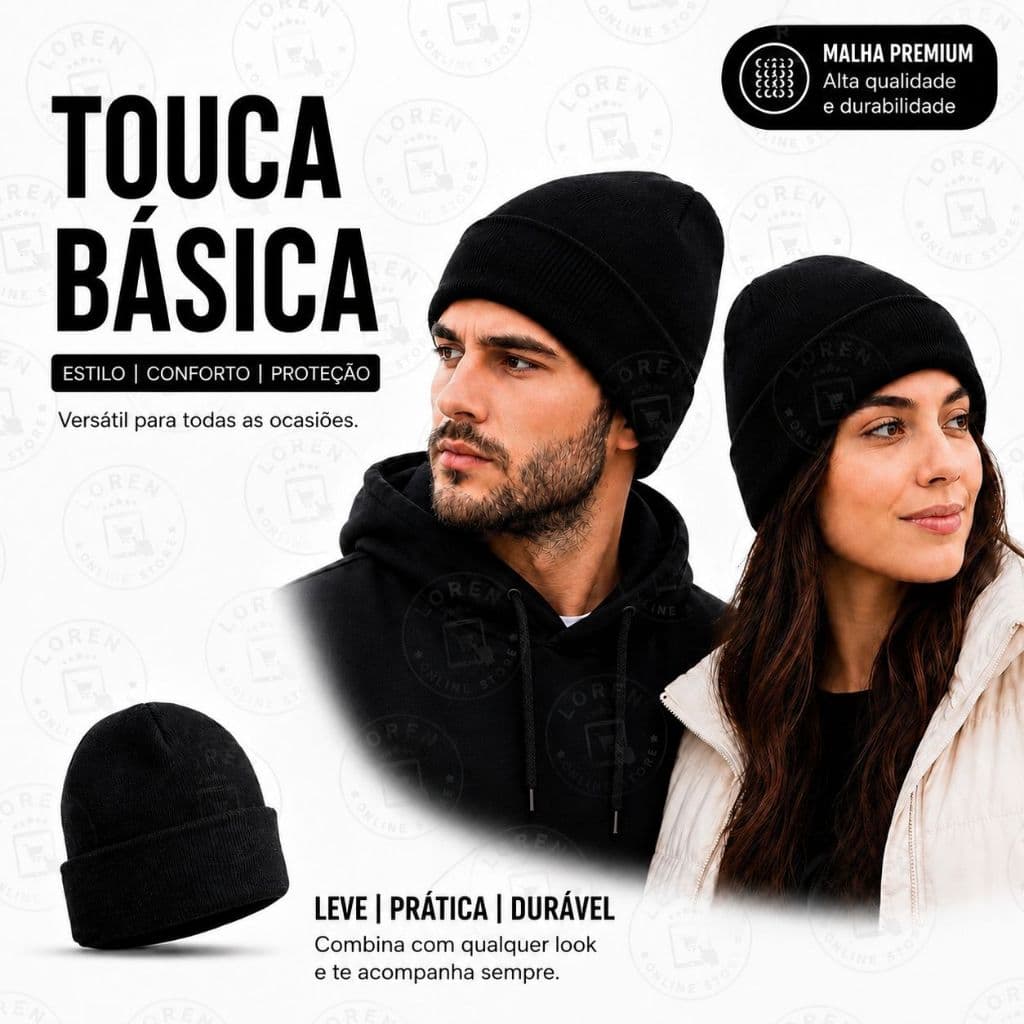 Touca Preta Gorro de Inverno Lã Unissex Adulto Básica