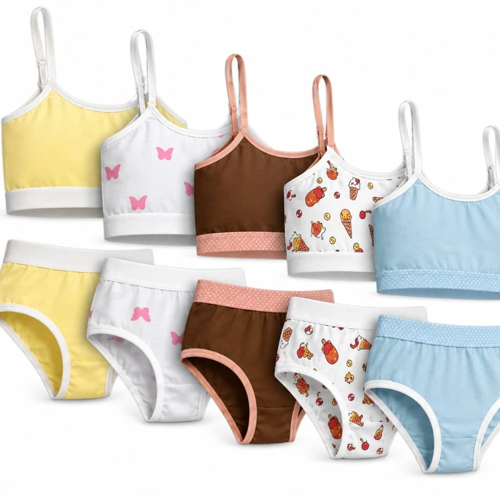 Kit 5 Conjuntos Infantil Juvenil Menina Roupa Íntima Algodão Bralette Calcinha Conforto 1 a 16 Anos