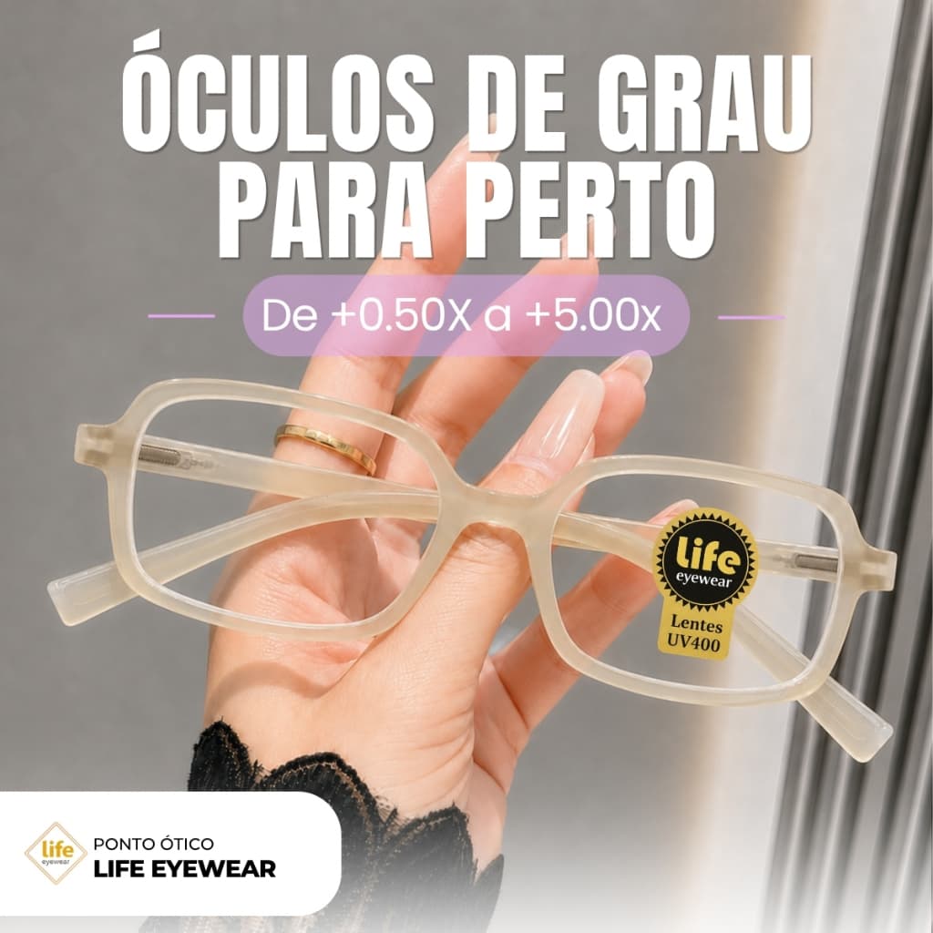 Óculos Grau +0.50 até +5.0 Armação Retangular Retro Várias Cores Bege Gold Perto Feminino Acetato