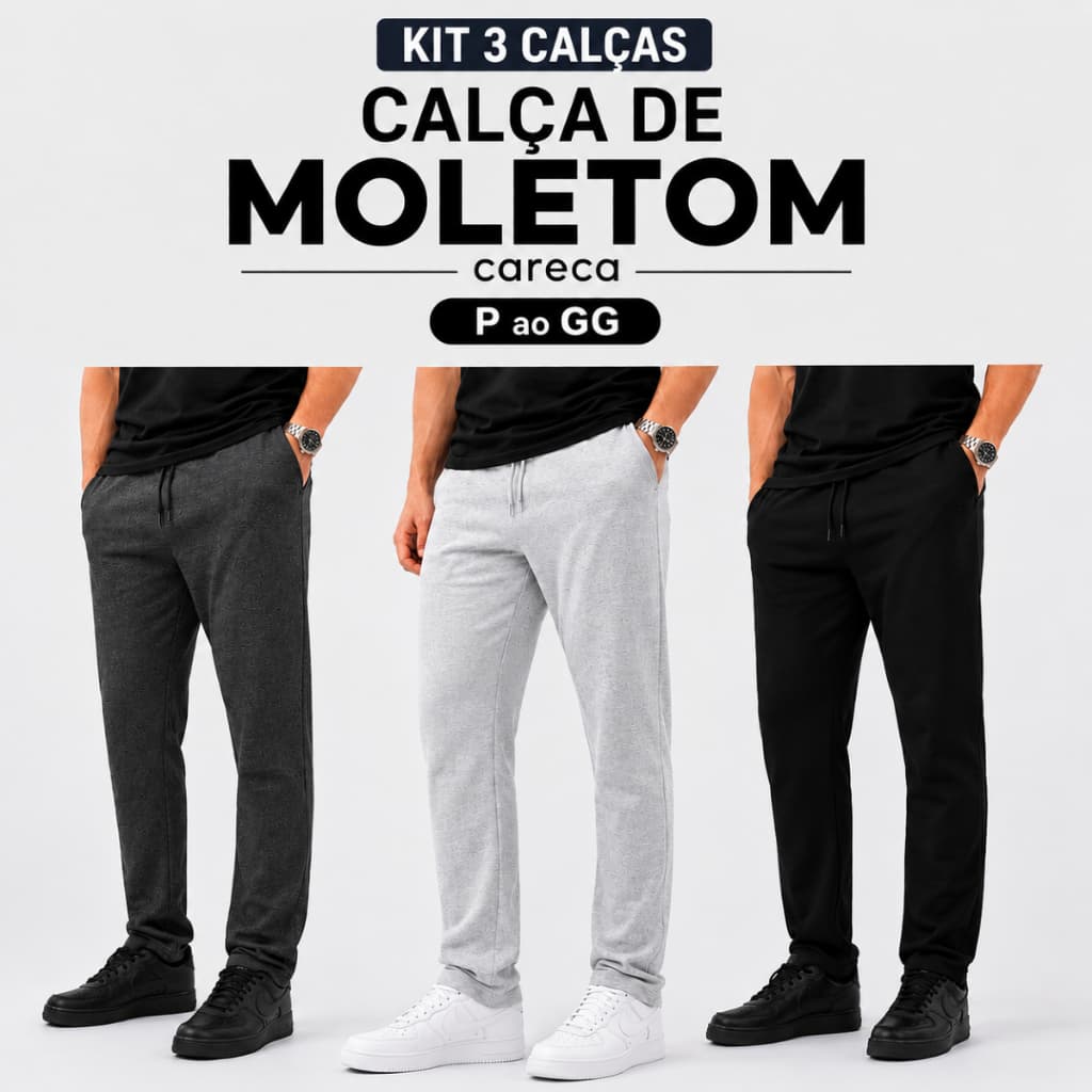 Kit 3 Calça de Moletom Careca Masculina - P, M, G, GG Com Cordão e Bolsos Confortável