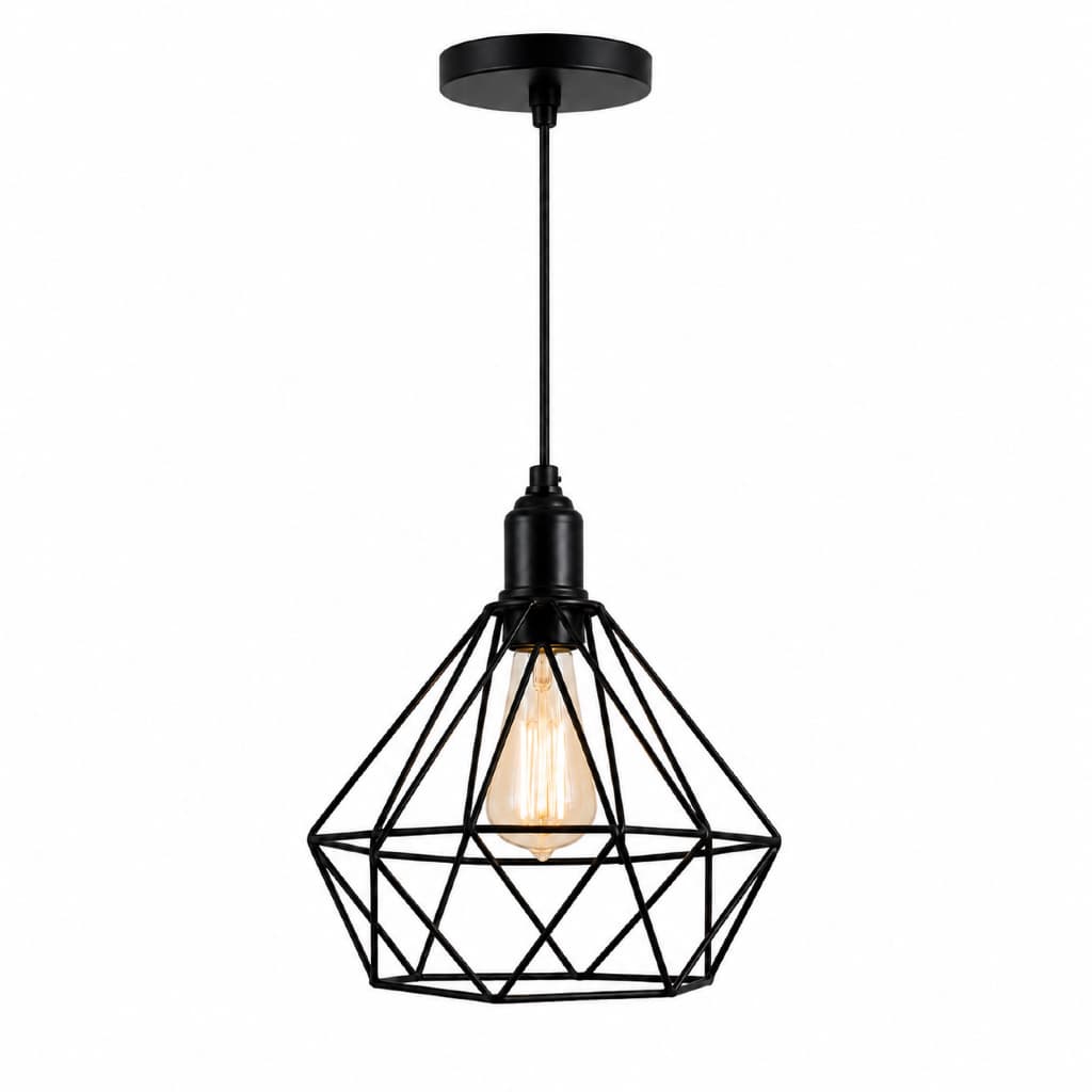 Luminária Pendente Aramada Diamante Preta Industrial Moderna Para Sala Cozinha Bancada