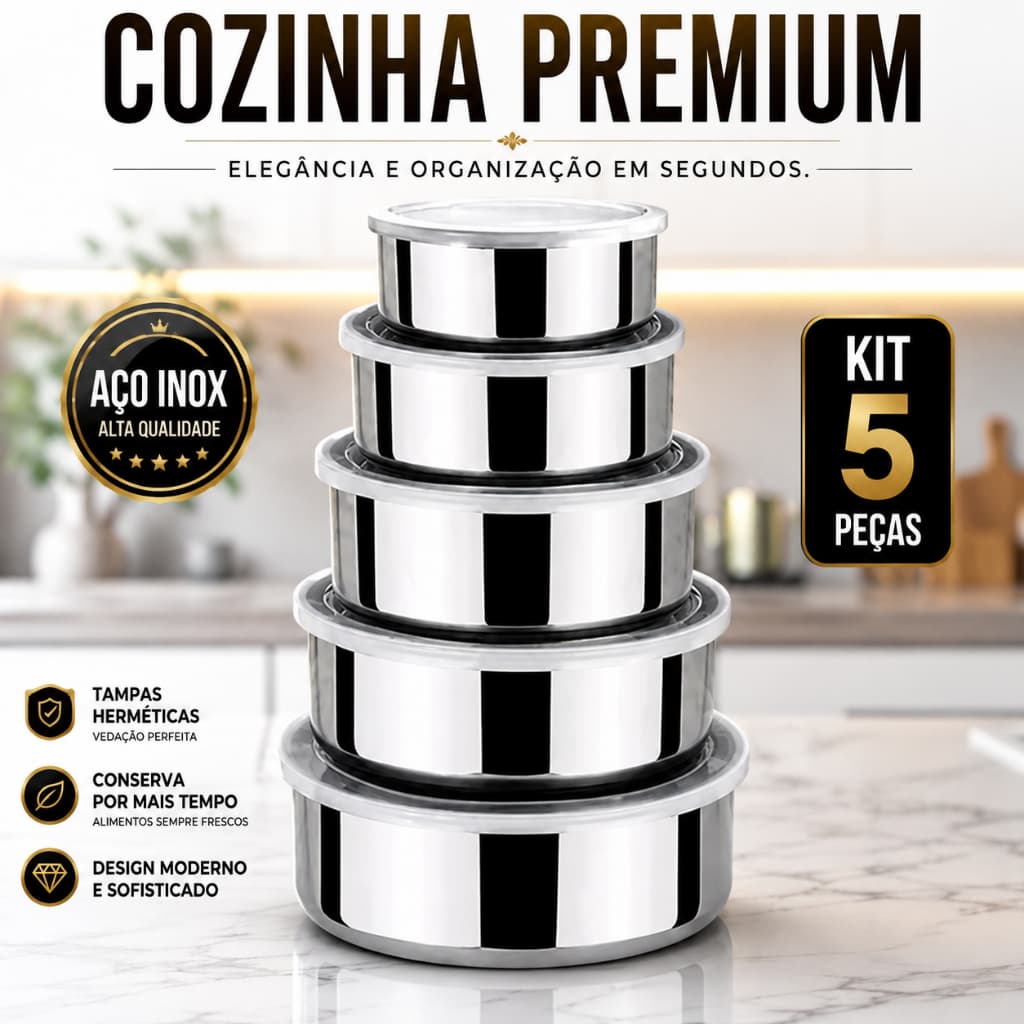 Kit 5 Potes Herméticos Inox com Tampa | Organizadores de Cozinha Premium