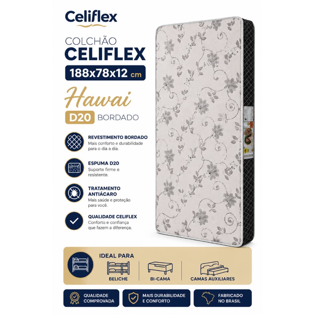 Colchão Beliche e Bi-cama Celiflex 78x188x12cm D20 Bege - Compacto e Confortável
