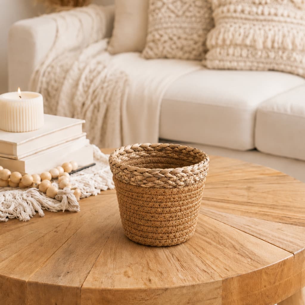 Cesto Cachepot 11,5x9cm de Tecido e Palha Natural Para Vaso Organizador