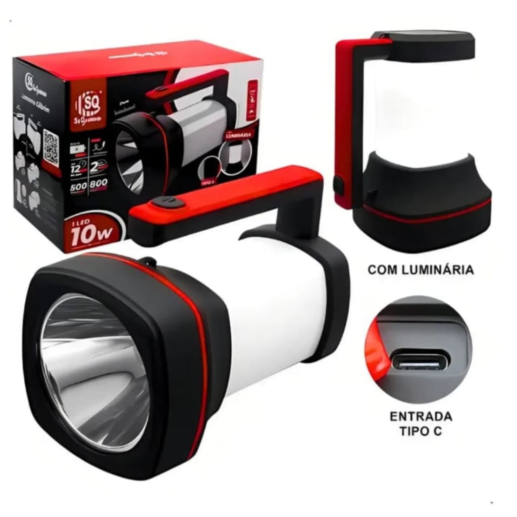 Lanterna Recarregável LED 10W Cilibrim 800lm 500m com Zoom e Luminária