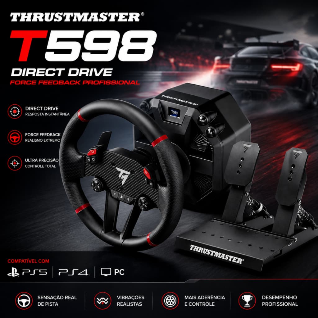 Volante Gamer Profissional Thrustmaster T598 Direct Drive Force Feedback PS5 PC PS4 Simulador Corrida