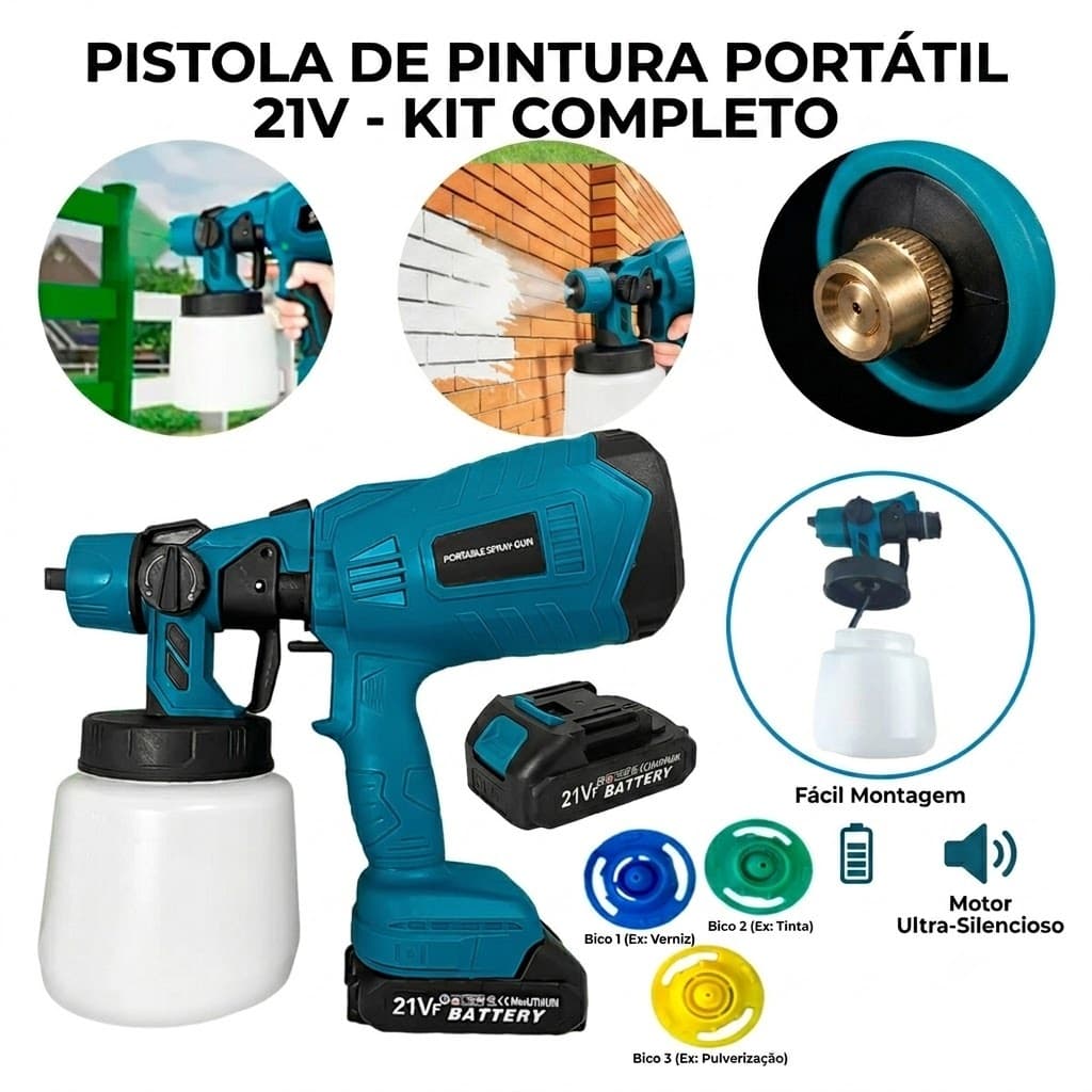 Pistola De Pintura E Pulverizadora À Bateria 21V Profissional 3 Bicos e Bateria Extra