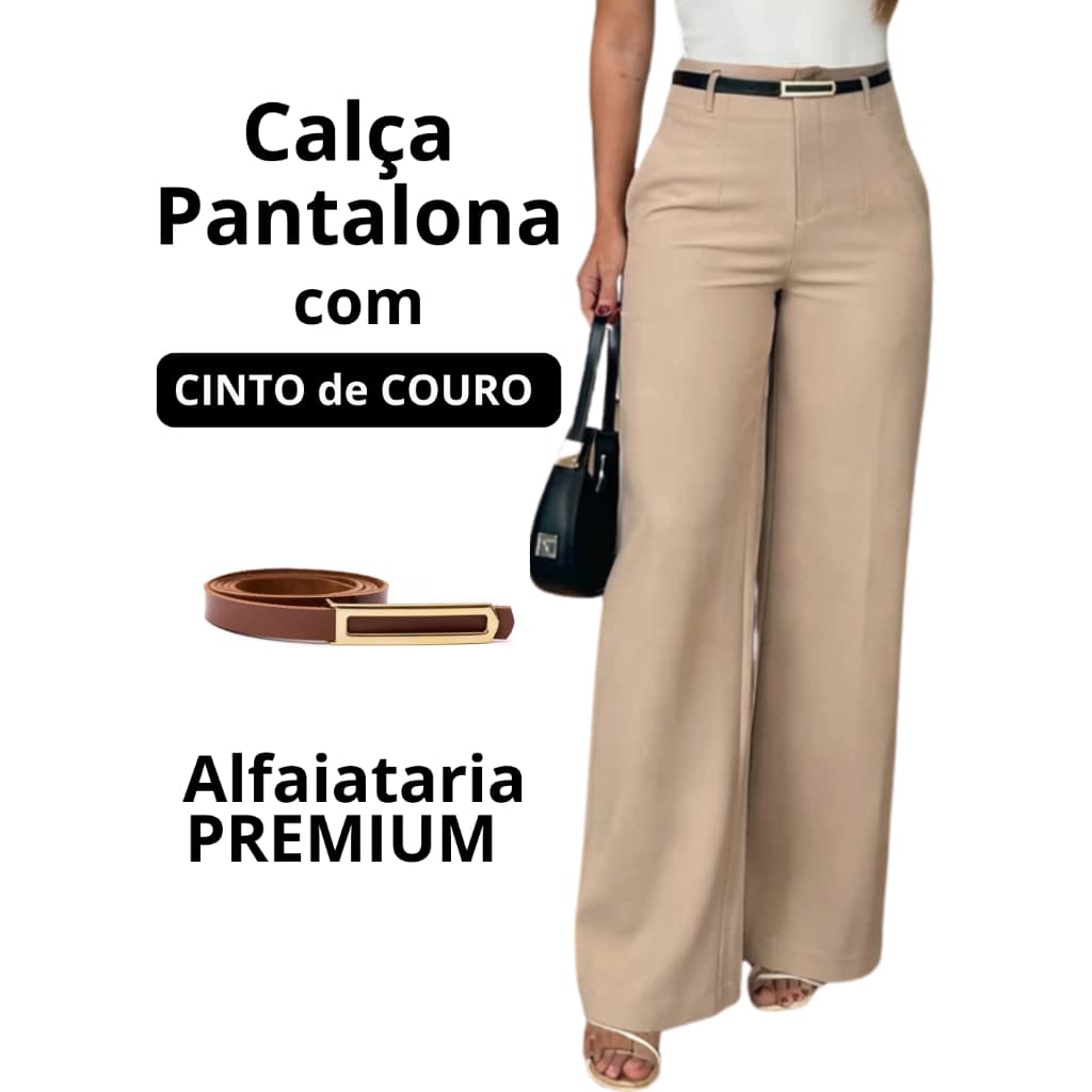 Calça Feminina Alfaiataria Pantalona com Cinto de couro Promoção 2026