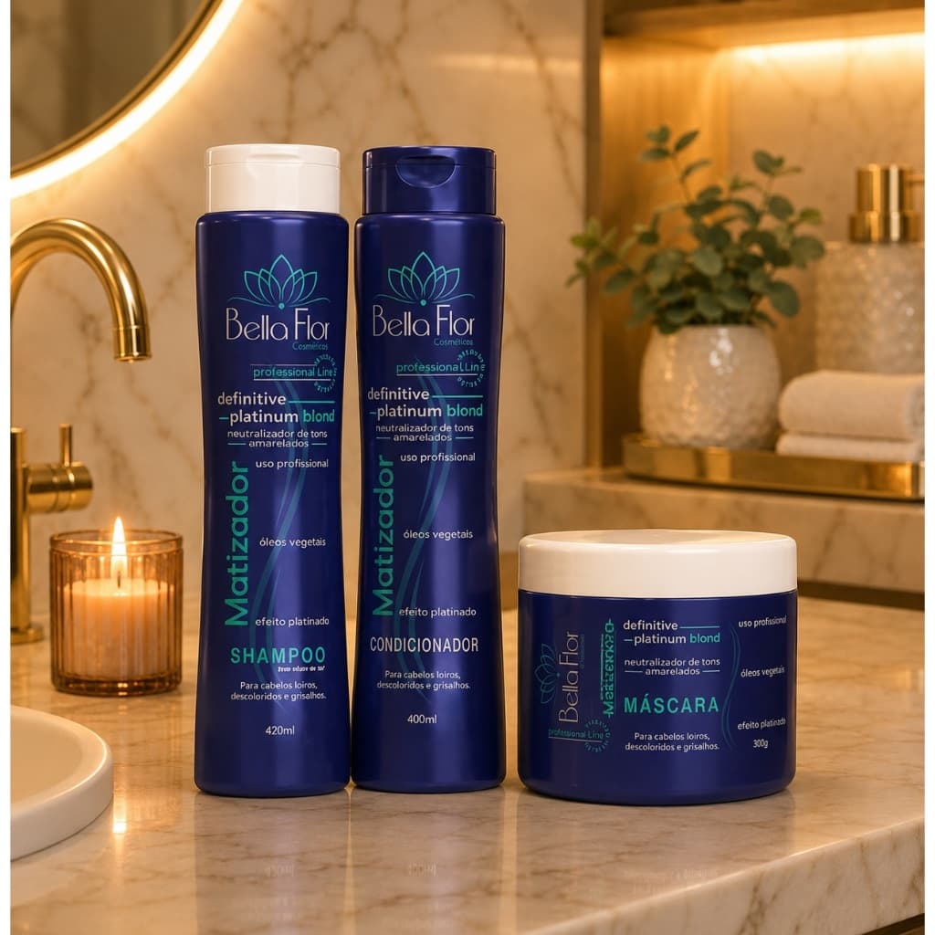 Kit Capilar Matizador Blond Platinum 3 Produtos Shampoo Condicionador Máscara Bella Flor Loiros Matização Profissional