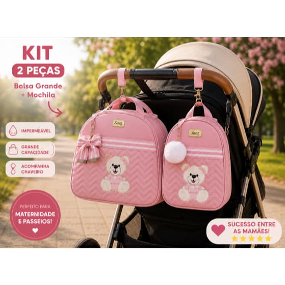 Bolsa Maternidade Ursinho 2 Peças Impermeável Premium Bolsa Grande e Mochila