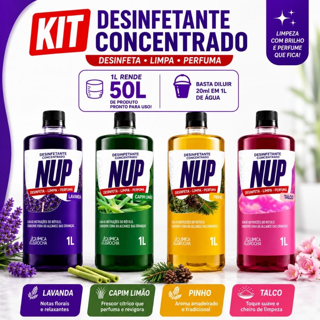 Kit Desinfetante Concentrado NUP 4 Essências 1L Rende 50L Lavanda Pinho Talco Capim Limão