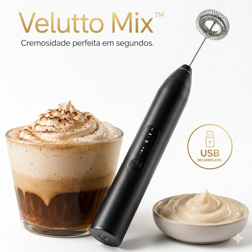 Mini Mixer Elétrico Portátil Velutto Mix™ Batedor Fouet Inox 3 Velocidades Para Café Cappuccino Whey Ovos Bivolt