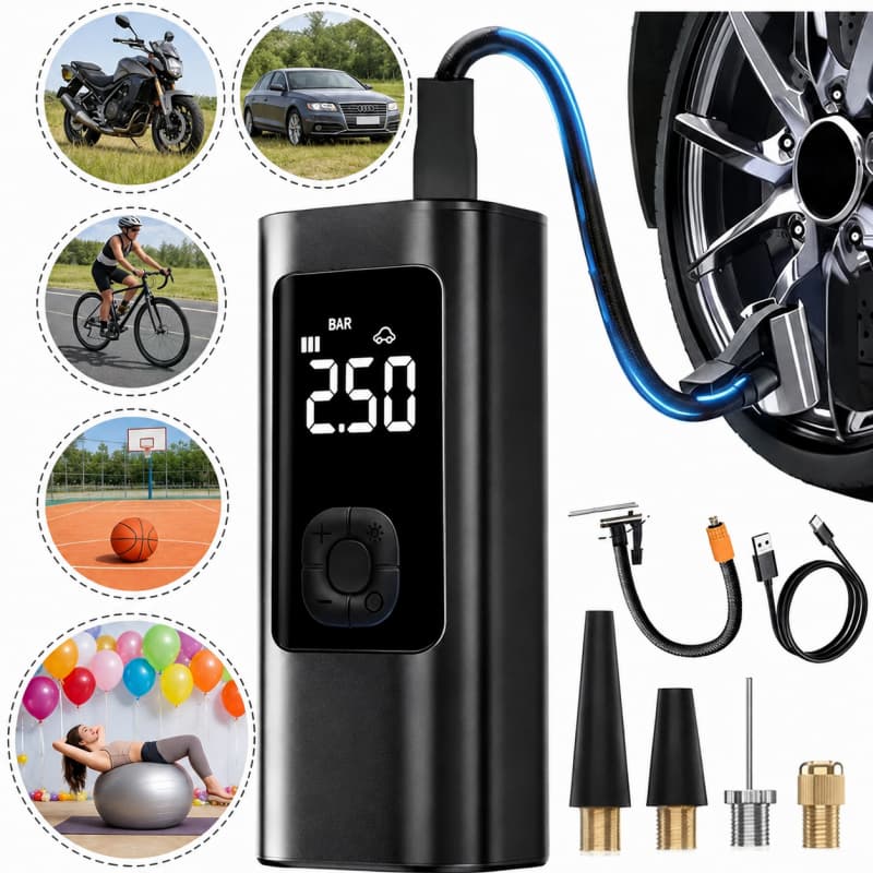 Portable Cordless Air Compressor Digital Tire Inflator with 4000mAh Power Bank for Car, Motorcycle, and Bike Tires - M6