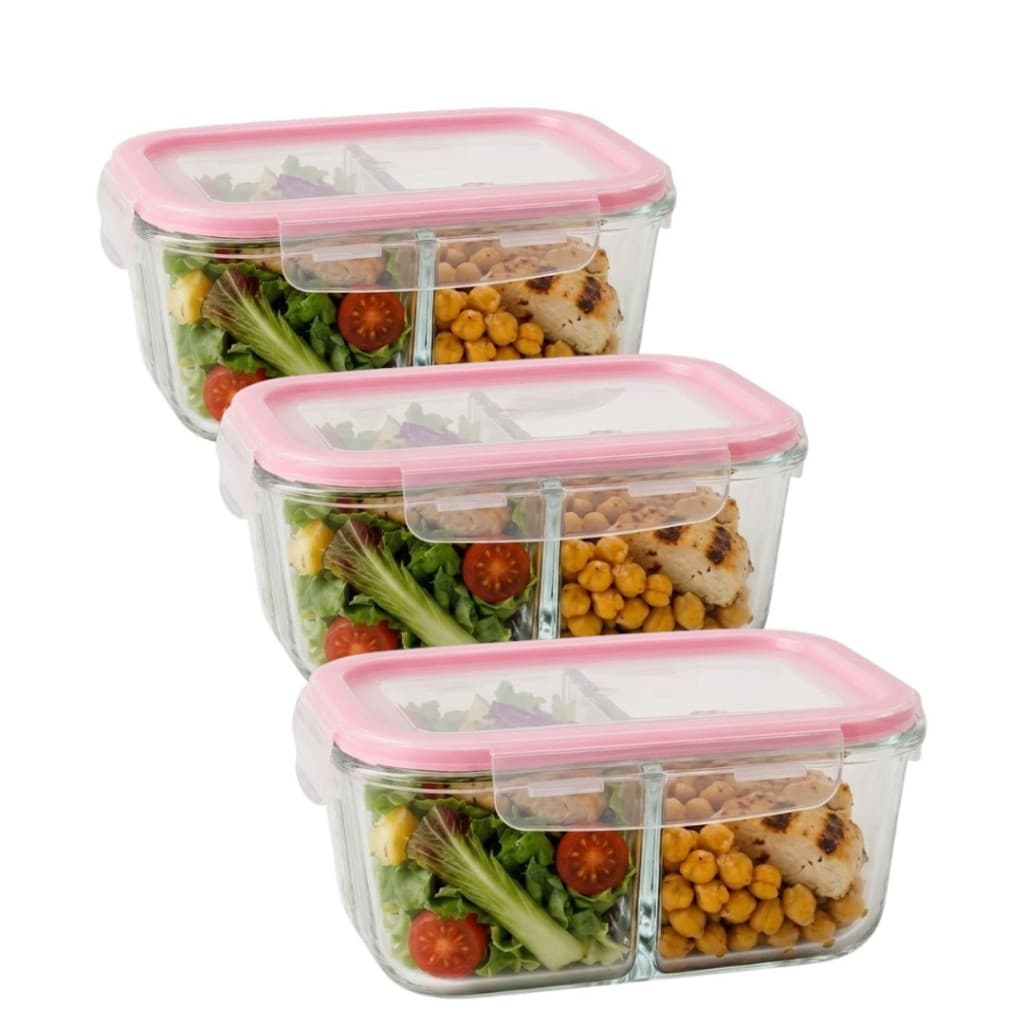 Kit 3 Potes de vidro  Marmita com Divisória e Tampa Hermética 1 Litro Forno Micro-ondas Frezer