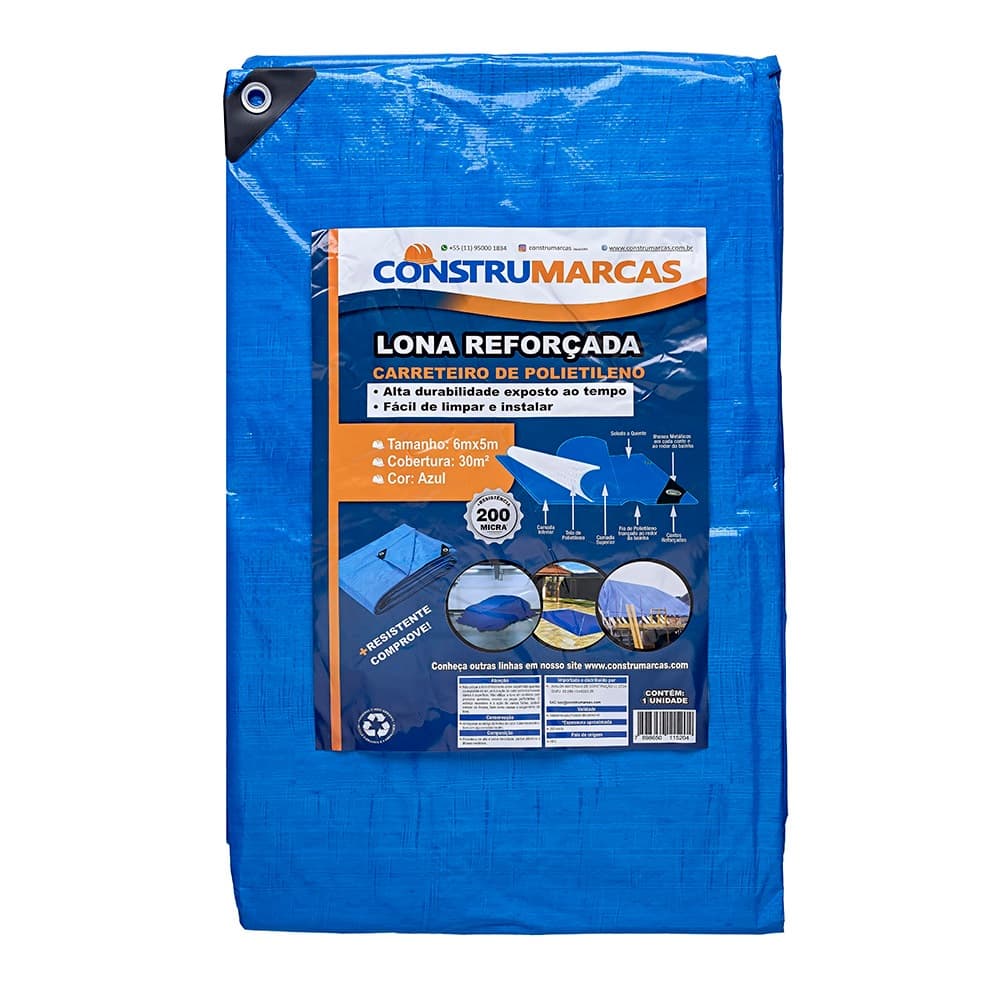 Lona Reforçada Azul 200 Micra 6x5m - CONSTRUMARCAS