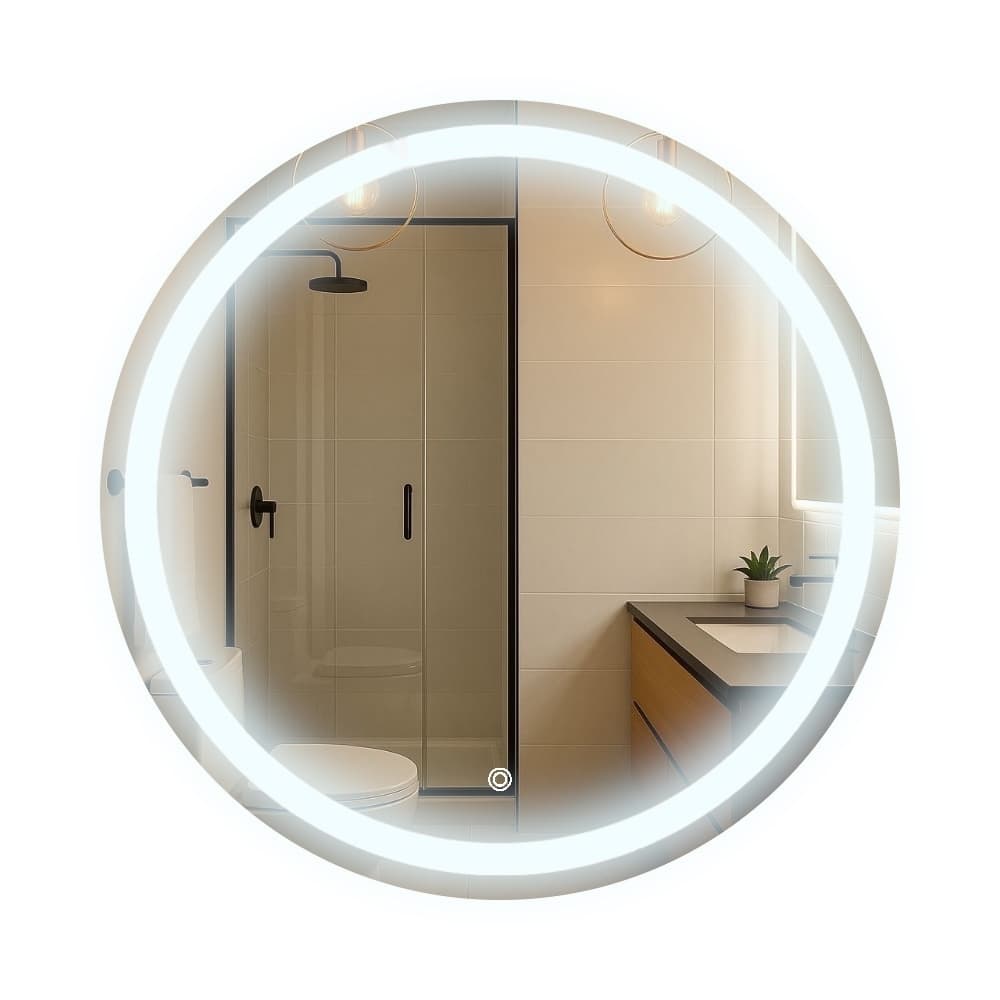 Espelho Redondo Decorativo Jateado 90x90cm Iluminado com Luz de Led 3 tons e Botao Touch Premium