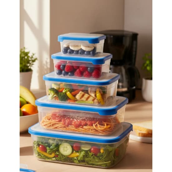 Kit 5 Potes Retangular Helsim 500ml/1000/2000/3000/5000ml - Azul